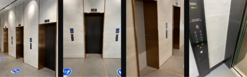 Lifts side by side with 5 meter distant makers on the floor